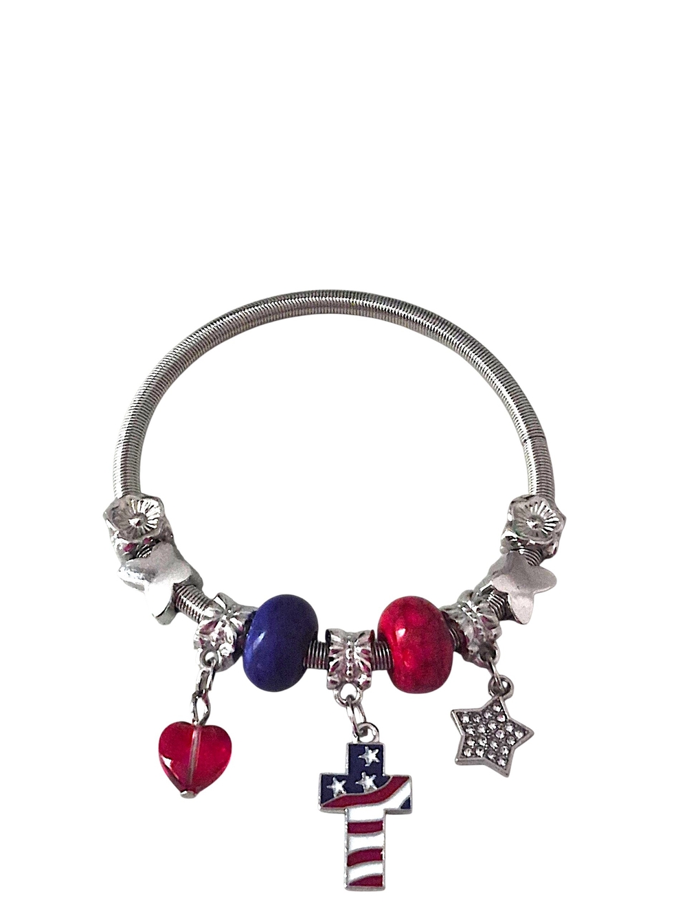Silver Charm Bracelet with Patriotic Cross, Heart & Star - Picture 2 of 2